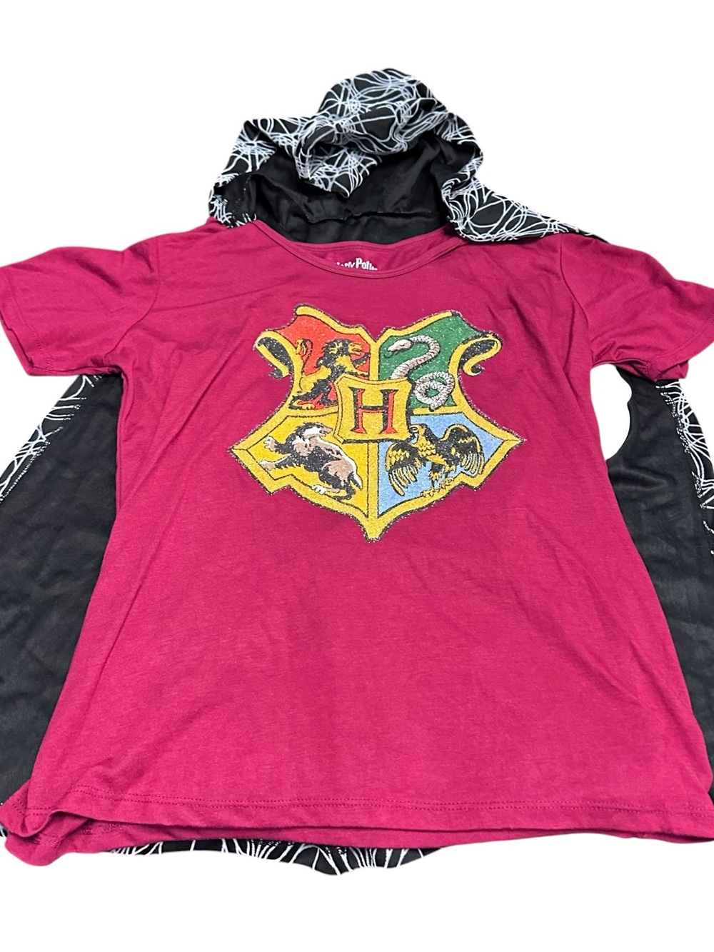 Harry Potter Hogwarts Crest Hooded Cape Layered Top XL (15/17) Burgundy NWT